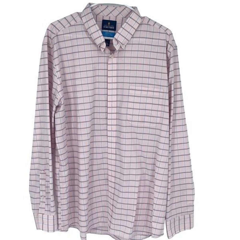Stafford Mens Button Up Shirt Long Sleeve Slim Fit Window Pane Pink XL 17-17.5